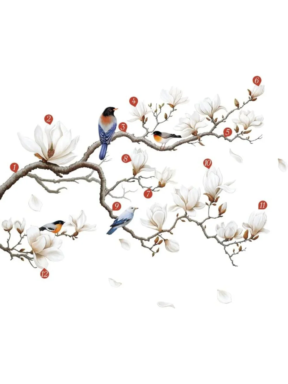Peel and Stick White Magnolia Tree Wall Decals - Floral Corner Wall Art Stickers